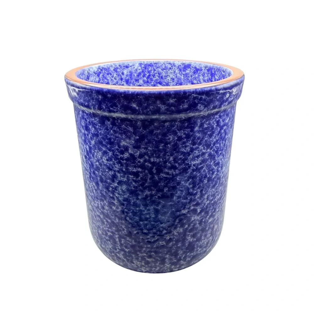 Style-Eyes Baum Bros Terra Collection Blue Spongeware Ceramic Crock Utensil Jar
